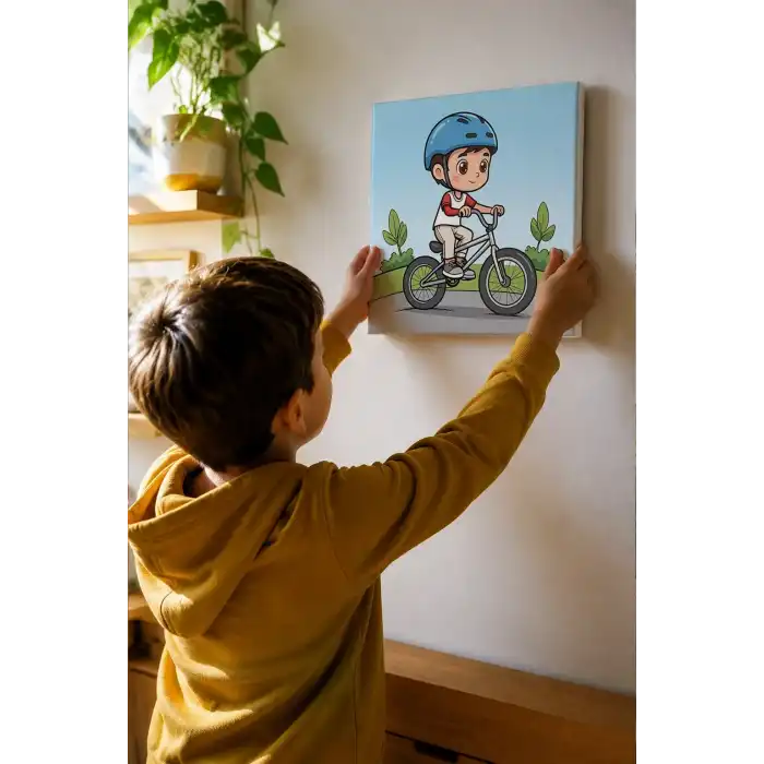 Bisikletli Çocuk Boyama Tuvali – Şövalesiz Boya Seti 20x20
