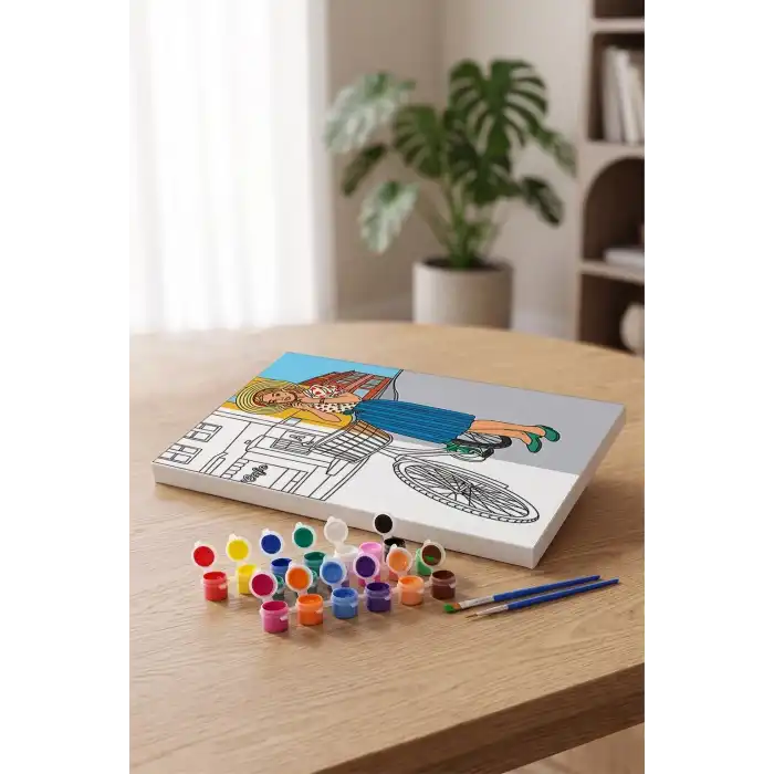 Bisikletli Kadın Desenli Mandala Tuval Boyama Seti 40x50 cm