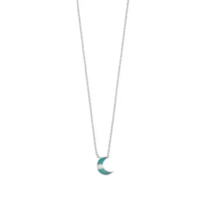 Blue Enamel Crescent Moon & Diamond Pendant Necklace