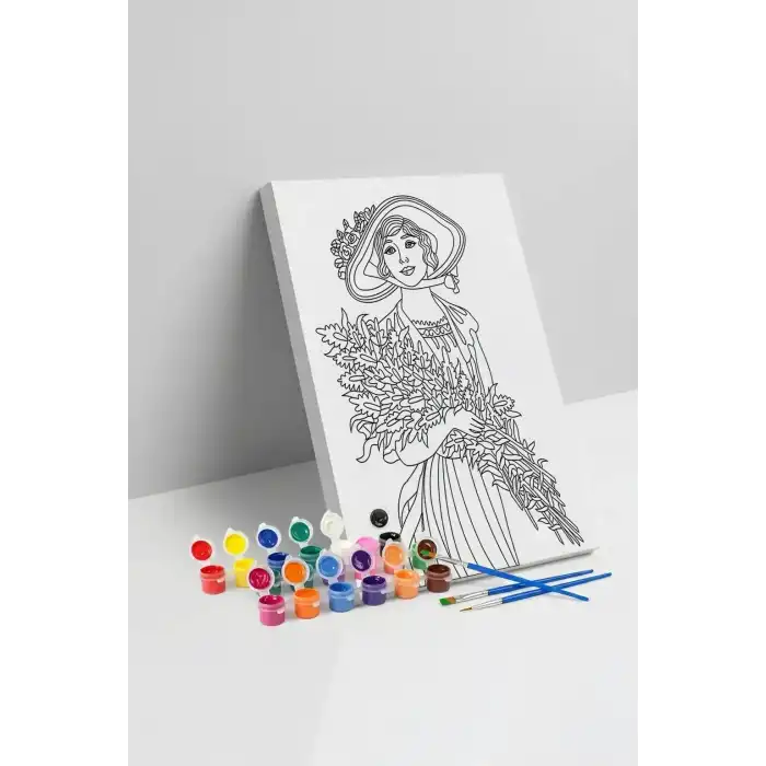 Çiçekli Kadın Desenli Mandala Tuval Boyama Seti 40x50 cm