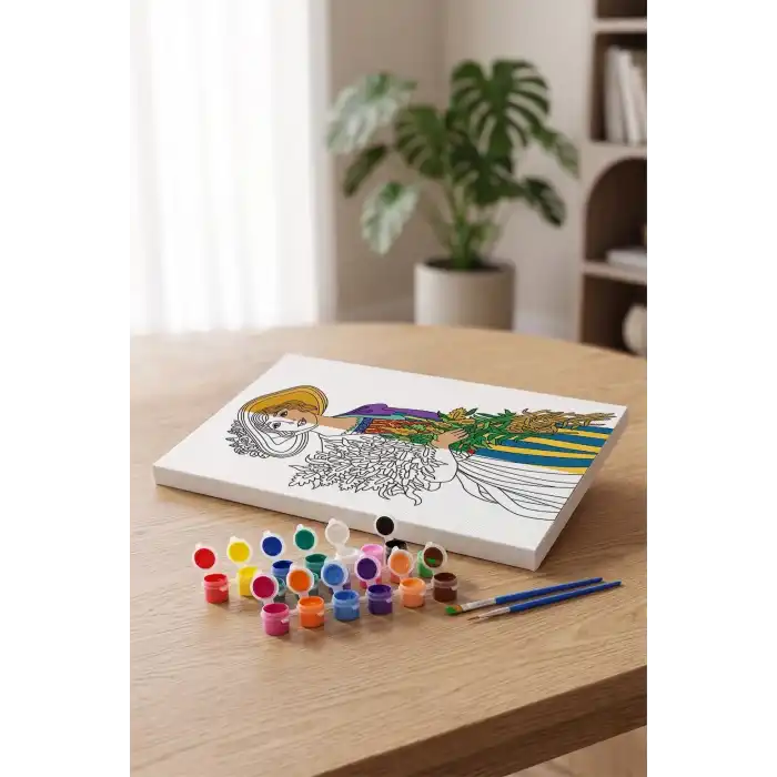 Çiçekli Kadın Desenli Mandala Tuval Boyama Seti 40x50 cm
