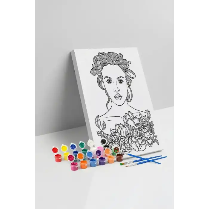 Çiçekli Kadın Portresi Mandala Tuval Boyama Seti 40x50 cm