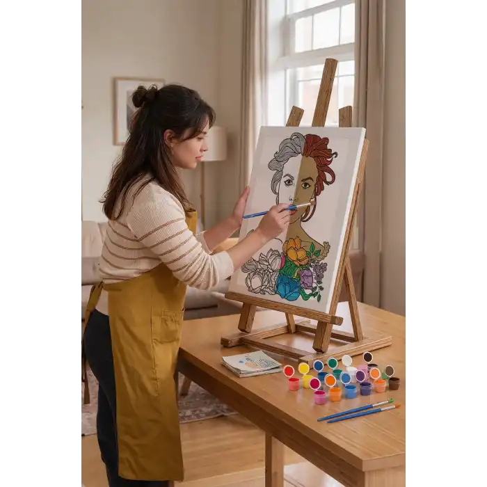 Çiçekli Kadın Portresi Mandala Tuval Boyama Seti 40x50 cm