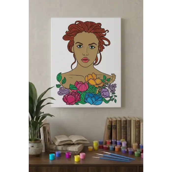 Çiçekli Kadın Portresi Mandala Tuval Boyama Seti 40x50 cm