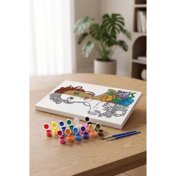 Çiçekli Kadın Portresi Mandala Tuval Boyama Seti 40x50 cm