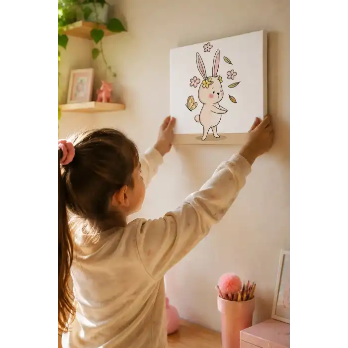 Çiçekli Tavşan Boyama Tuvali – Şövalesiz Boya Seti 20x20