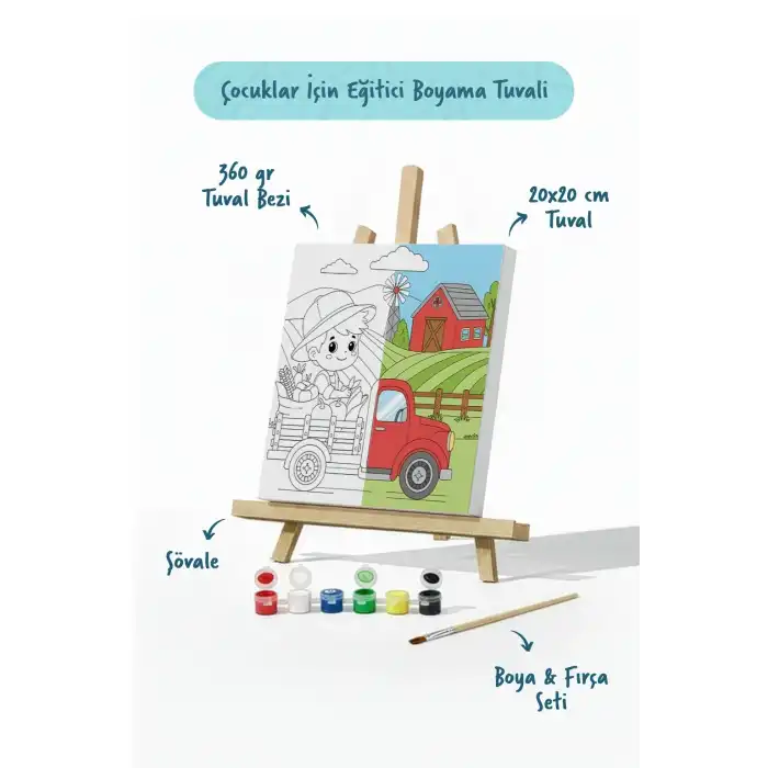 Çiftlik ve Kamyon Temalı Çocuk Boyama Tuvali – Şövaleli Eğitici Boyama Seti 20x20 cm