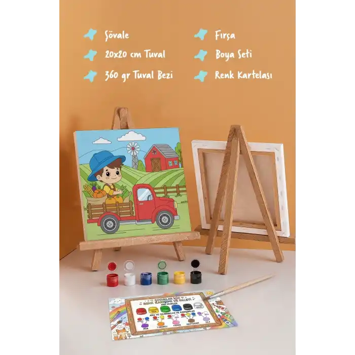 Çiftlik ve Kamyon Temalı Çocuk Boyama Tuvali – Şövaleli Eğitici Boyama Seti 20x20 cm