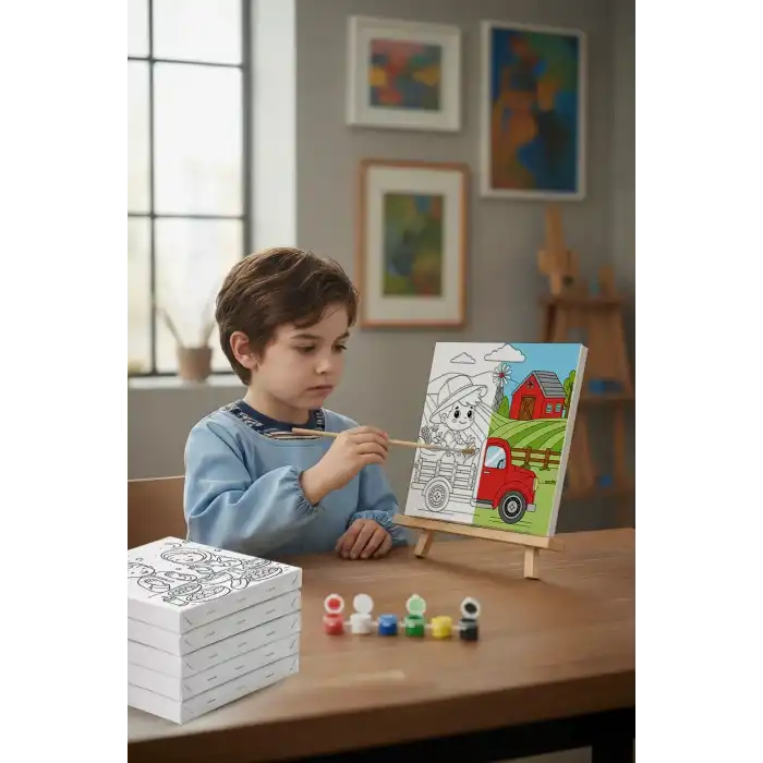 Çiftlik ve Kamyon Temalı Çocuk Boyama Tuvali – Şövaleli Eğitici Boyama Seti 20x20 cm