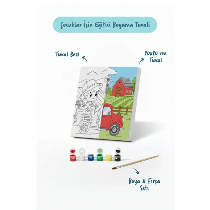 Çiftlik ve Kamyon Temalı Çocuk Boyama Tuvali – Şövalesiz Eğitici Boyama Seti 20x20 cm