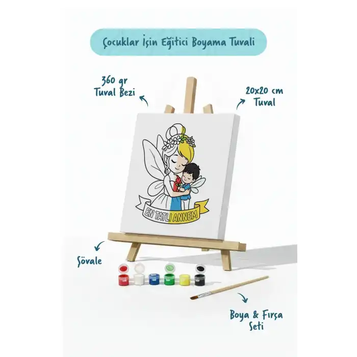 Çocuklar İçin Anneler Günü Boyama Tuvali – Şövaleli Boya Seti 20x20 cm