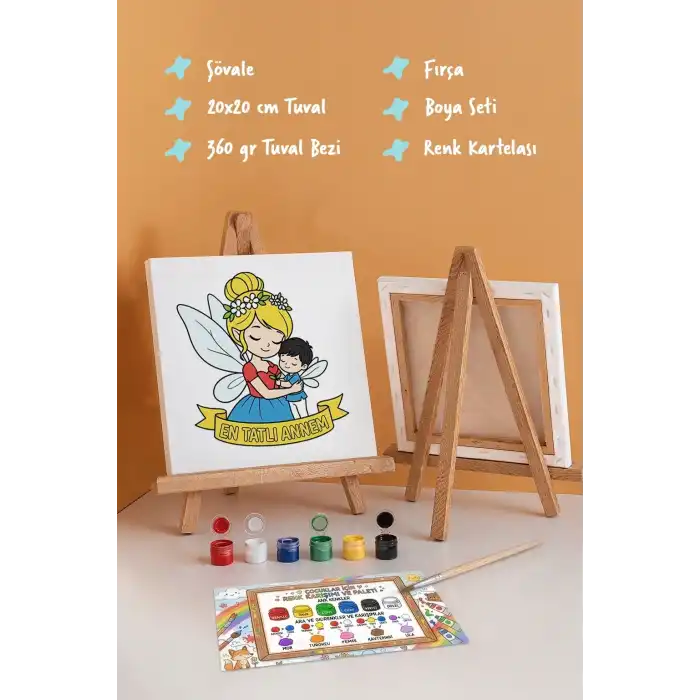 Çocuklar İçin Anneler Günü Boyama Tuvali – Şövaleli Boya Seti 20x20 cm