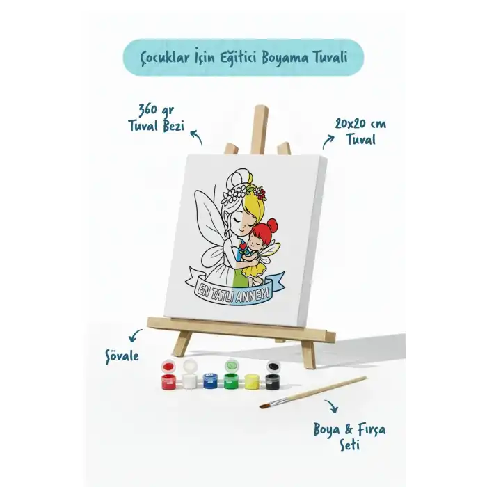 Çocuklar İçin En Tatlı Annem Boyama Tuvali Şövaleli Boya Seti 20x20 cm