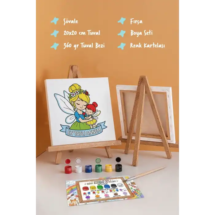 Çocuklar İçin En Tatlı Annem Boyama Tuvali Şövaleli Boya Seti 20x20 cm