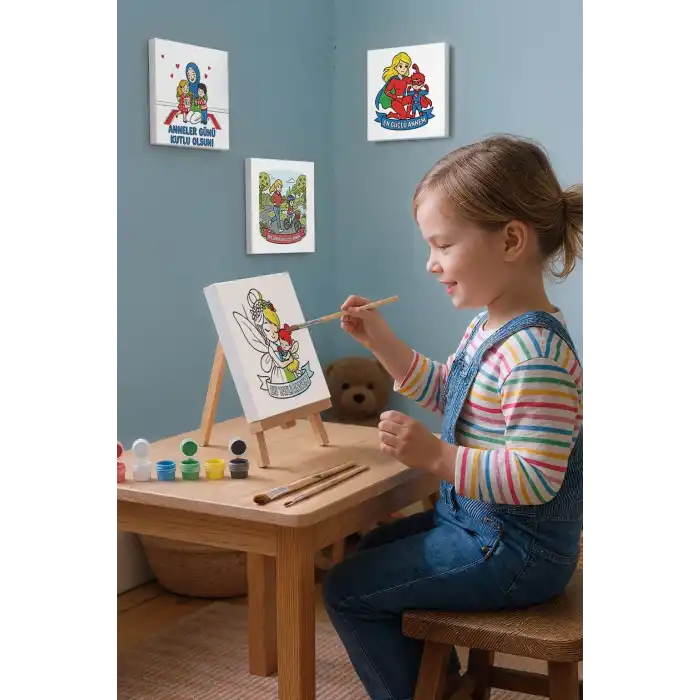 Çocuklar İçin En Tatlı Annem Boyama Tuvali Şövaleli Boya Seti 20x20 cm