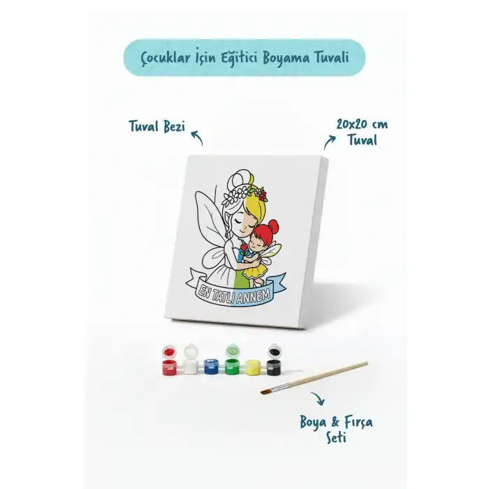 Çocuklar İçin En Tatlı Annem Boyama Tuvali Şövalesiz Boya Seti 20x20 cm