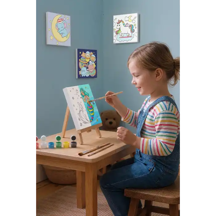Deniz Kızı Figürlü Çocuk Boyama Tuvali – Şövaleli Boya Seti 20x20