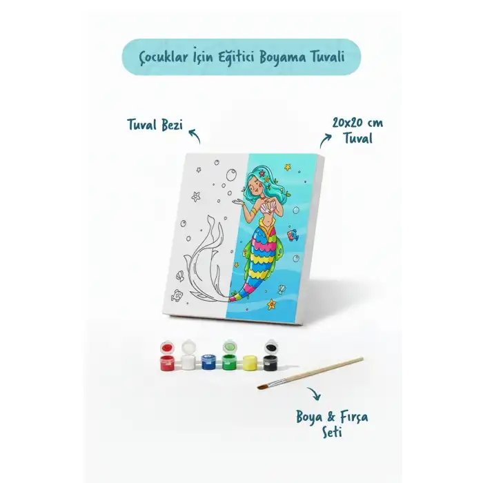 Deniz Kızı Figürlü Çocuk Boyama Tuvali – Şövalesiz Boya Seti 20x20