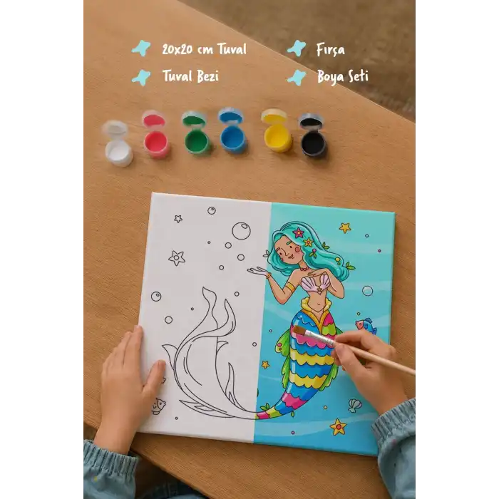 Deniz Kızı Figürlü Çocuk Boyama Tuvali – Şövalesiz Boya Seti 20x20