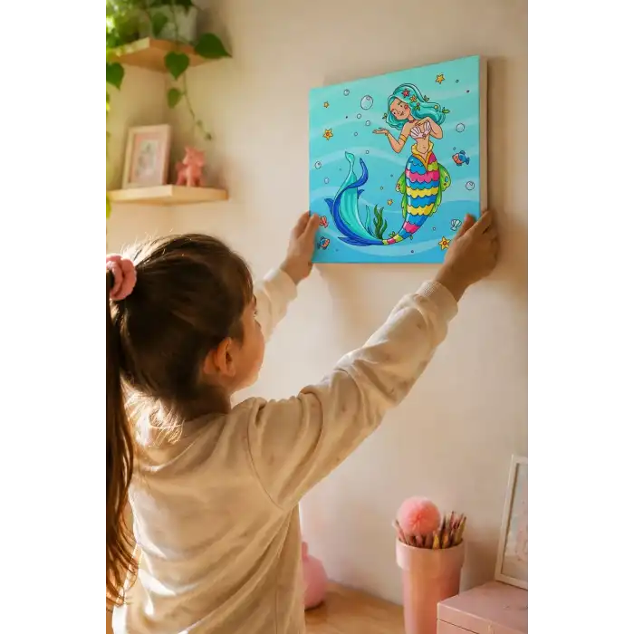 Deniz Kızı Figürlü Çocuk Boyama Tuvali – Şövalesiz Boya Seti 20x20