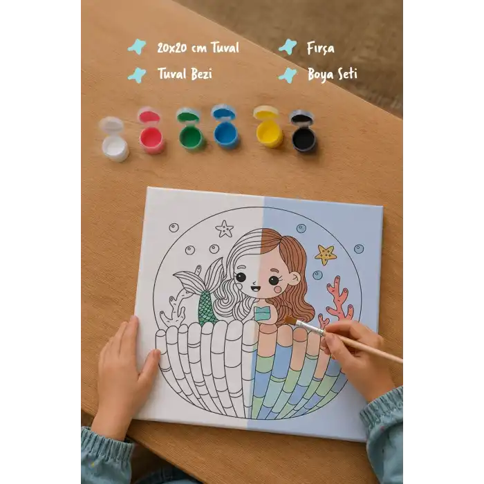 Deniz Kızı ve Midye Boyama Tuvali – Şövalesiz Boya Seti 20x20