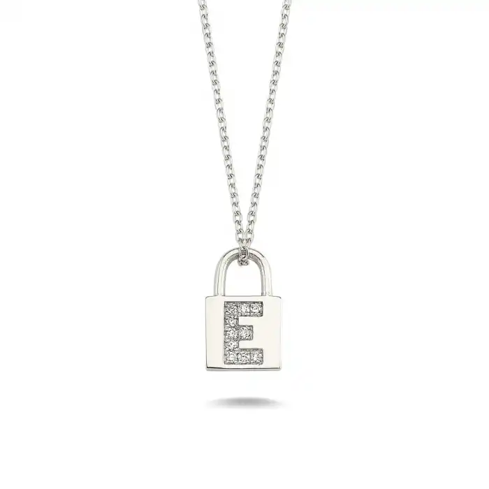 Diamond Lock Letter E Pendant Necklace