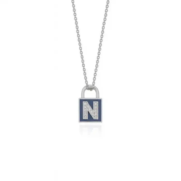 Diamond Lock Letter N Enamel Necklace