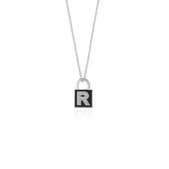 Diamond Lock Letter R Enamel Necklace