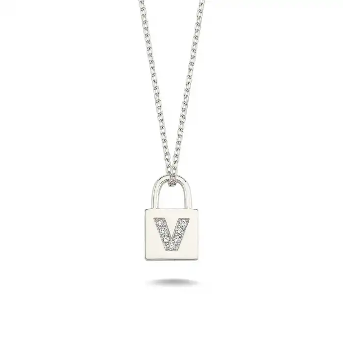 Diamond Lock Letter V Pendant Necklace