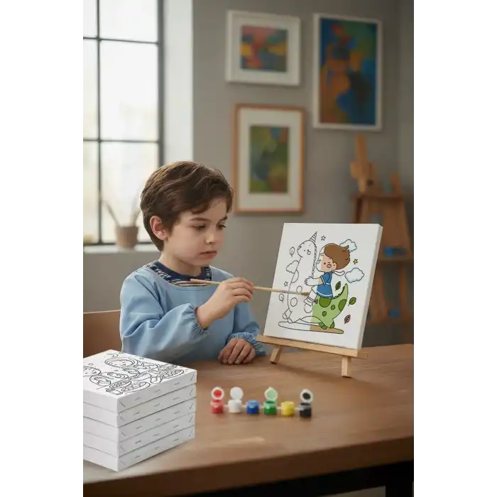 Dinozor Figürlü Çocuk Boyama Tuvali – Şövaleli Boya Seti 20x20
