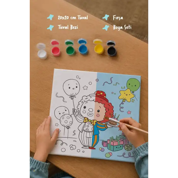 Doğum Günü Palyaçosu Boyama Tuvali – Şövalesiz Boya Seti 20x20