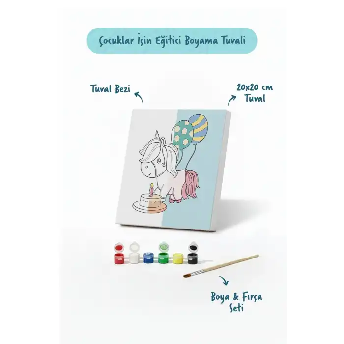 Doğum Günü Unicorn Boyama Tuvali – Şövalesiz Boya Seti 20x20