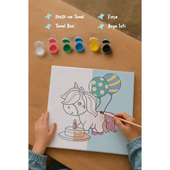 Doğum Günü Unicorn Boyama Tuvali – Şövalesiz Boya Seti 20x20