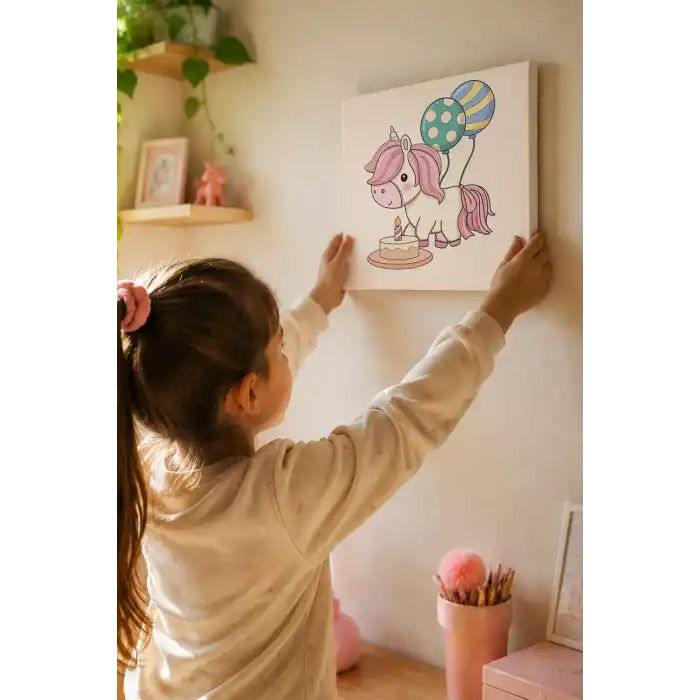 Doğum Günü Unicorn Boyama Tuvali – Şövalesiz Boya Seti 20x20