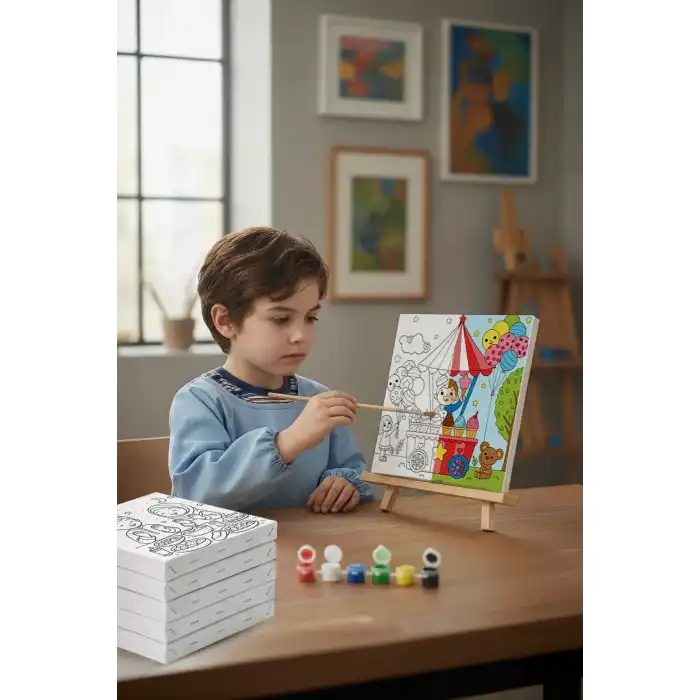 Dondurma Arabası Temalı Çocuk Boyama Tuvali – Şövaleli Eğitici Boyama Seti 20x20 cm