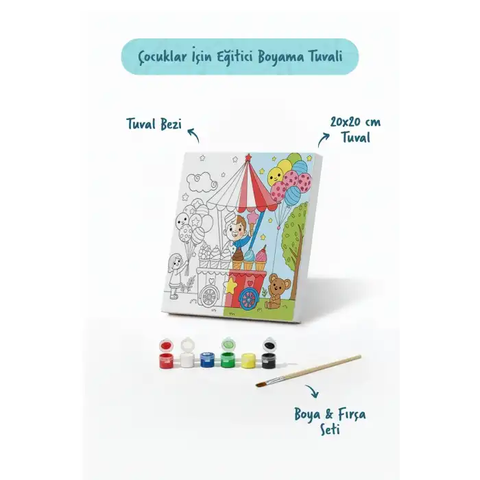 Dondurma Arabası Temalı Çocuk Boyama Tuvali – Şövalesiz Eğitici Boyama Seti 20x20 cm