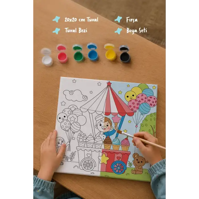 Dondurma Arabası Temalı Çocuk Boyama Tuvali – Şövalesiz Eğitici Boyama Seti 20x20 cm