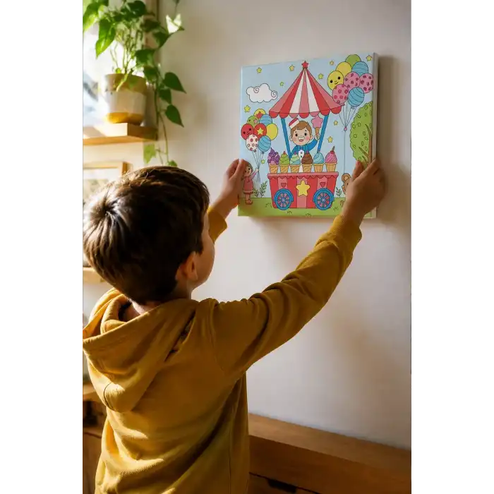 Dondurma Arabası Temalı Çocuk Boyama Tuvali – Şövalesiz Eğitici Boyama Seti 20x20 cm