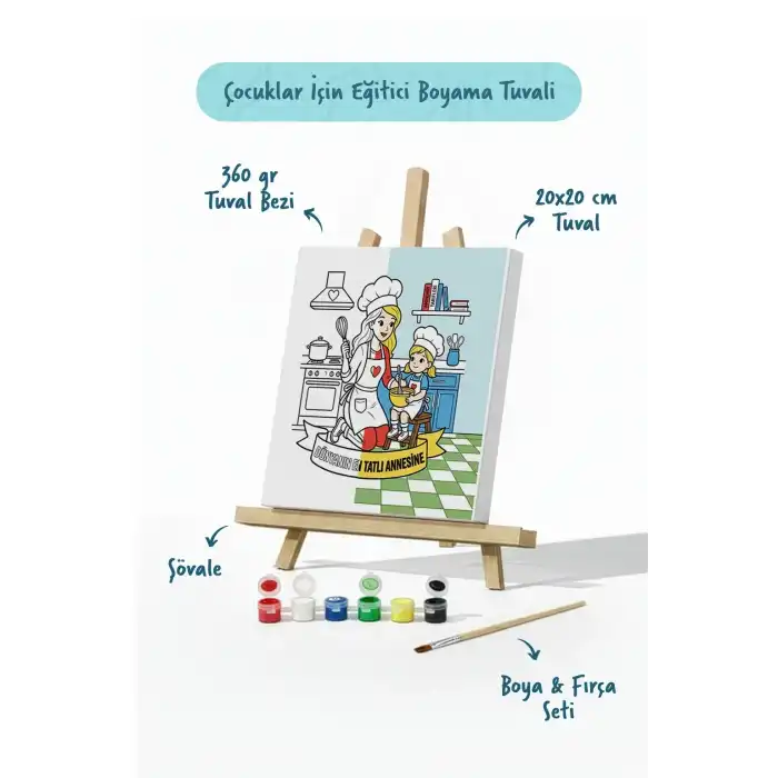 Dünyanın En Tatlı Annesine Temalı Eğitici Boyama Tuvali Şövaleli Boya Seti 20x20 cm