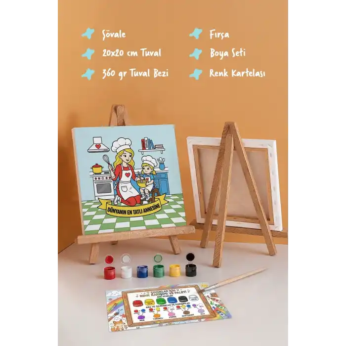 Dünyanın En Tatlı Annesine Temalı Eğitici Boyama Tuvali Şövaleli Boya Seti 20x20 cm