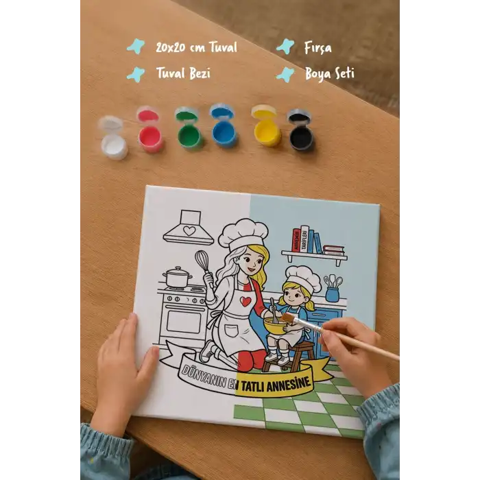 Dünyanın En Tatlı Annesine Temalı Eğitici Boyama Tuvali Şövalesiz Boya Seti 20x20 cm