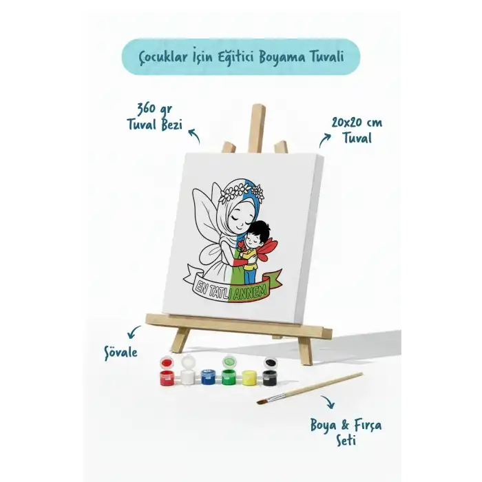 En Tatlı Annem Yazılı Eğitici Boyama Tuvali – Şövaleli Boya Seti 20x20 cm