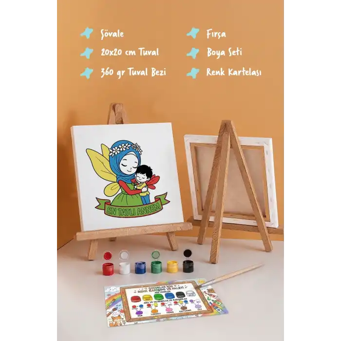 En Tatlı Annem Yazılı Eğitici Boyama Tuvali – Şövaleli Boya Seti 20x20 cm