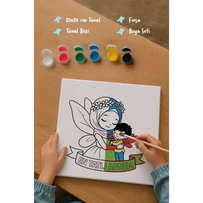 En Tatlı Annem Yazılı Eğitici Boyama Tuvali – Şövalesiz Boya Seti 20x20 cm