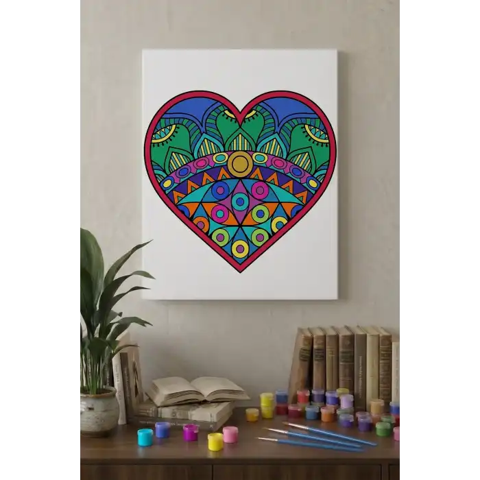 Etnik Kalp Desenli Mandala Tuval Boyama Seti 40x50 cm
