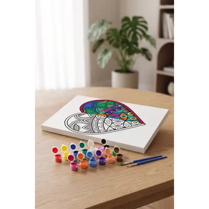 Etnik Kalp Desenli Mandala Tuval Boyama Seti 40x50 cm