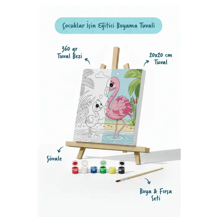 Flamingo Temalı Çocuk Boyama Tuvali – Şövaleli Eğitici Boyama Seti 20x20 cm