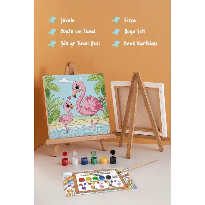 Flamingo Temalı Çocuk Boyama Tuvali – Şövaleli Eğitici Boyama Seti 20x20 cm
