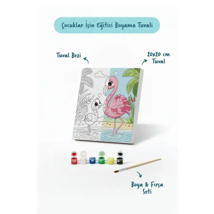 Flamingo Temalı Çocuk Boyama Tuvali – Şövalesiz Eğitici Boyama Seti 20x20 cm