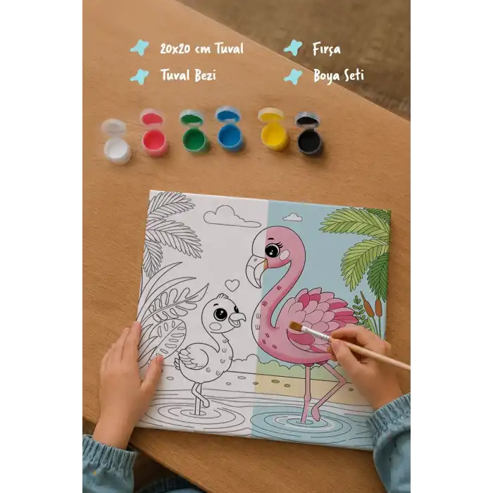 Flamingo Temalı Çocuk Boyama Tuvali – Şövalesiz Eğitici Boyama Seti 20x20 cm